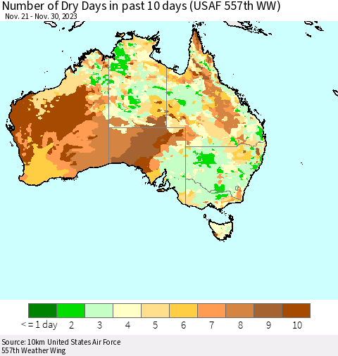 Australia Number of Dry Days in past 10 days (USAF 557th WW) Thematic Map For 11/26/2023 - 11/30/2023