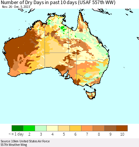 Australia Number of Dry Days in past 10 days (USAF 557th WW) Thematic Map For 12/1/2023 - 12/5/2023