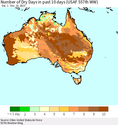 Australia Number of Dry Days in past 10 days (USAF 557th WW) Thematic Map For 12/6/2023 - 12/10/2023