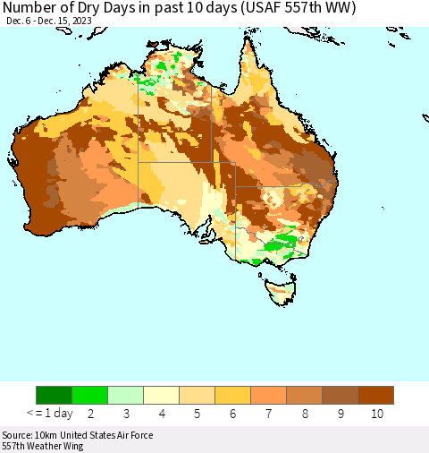Australia Number of Dry Days in past 10 days (USAF 557th WW) Thematic Map For 12/11/2023 - 12/15/2023