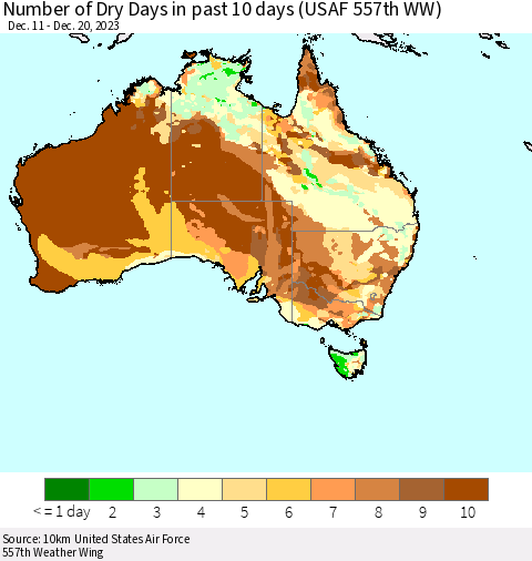 Australia Number of Dry Days in past 10 days (USAF 557th WW) Thematic Map For 12/16/2023 - 12/20/2023