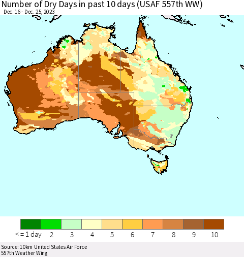 Australia Number of Dry Days in past 10 days (USAF 557th WW) Thematic Map For 12/21/2023 - 12/25/2023