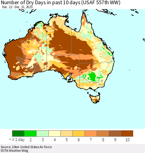 Australia Number of Dry Days in past 10 days (USAF 557th WW) Thematic Map For 12/26/2023 - 12/31/2023
