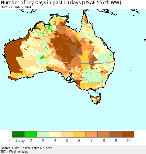 Australia Number of Dry Days in past 10 days (USAF 557th WW) Thematic Map For 1/1/2024 - 1/5/2024