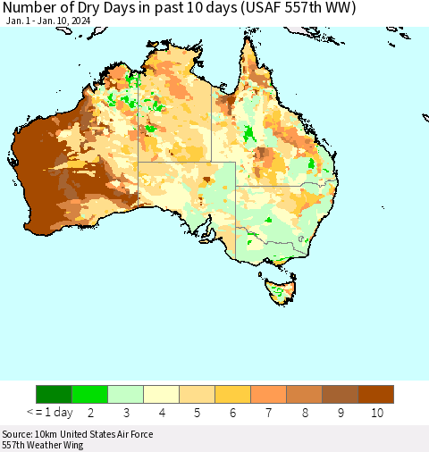 Australia Number of Dry Days in past 10 days (USAF 557th WW) Thematic Map For 1/6/2024 - 1/10/2024