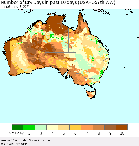 Australia Number of Dry Days in past 10 days (USAF 557th WW) Thematic Map For 1/11/2024 - 1/15/2024