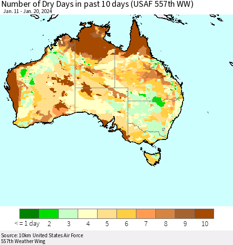 Australia Number of Dry Days in past 10 days (USAF 557th WW) Thematic Map For 1/16/2024 - 1/20/2024