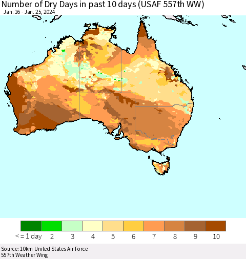 Australia Number of Dry Days in past 10 days (USAF 557th WW) Thematic Map For 1/21/2024 - 1/25/2024