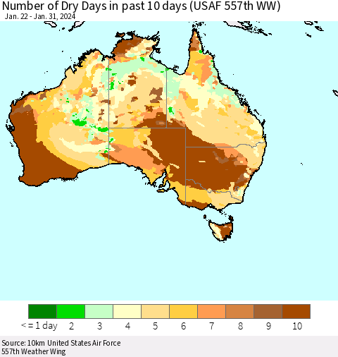 Australia Number of Dry Days in past 10 days (USAF 557th WW) Thematic Map For 1/26/2024 - 1/31/2024