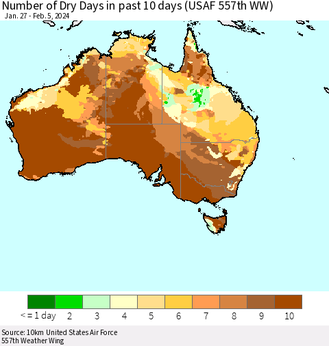 Australia Number of Dry Days in past 10 days (USAF 557th WW) Thematic Map For 2/1/2024 - 2/5/2024