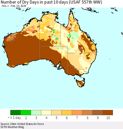 Australia Number of Dry Days in past 10 days (USAF 557th WW) Thematic Map For 2/6/2024 - 2/10/2024