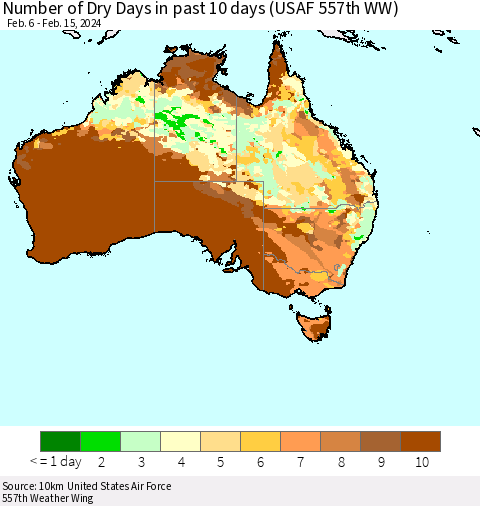 Australia Number of Dry Days in past 10 days (USAF 557th WW) Thematic Map For 2/11/2024 - 2/15/2024