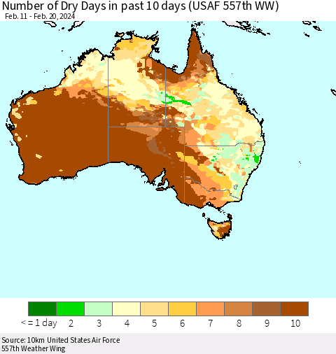 Australia Number of Dry Days in past 10 days (USAF 557th WW) Thematic Map For 2/16/2024 - 2/20/2024