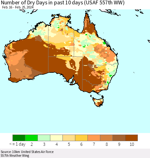 Australia Number of Dry Days in past 10 days (USAF 557th WW) Thematic Map For 2/21/2024 - 2/25/2024
