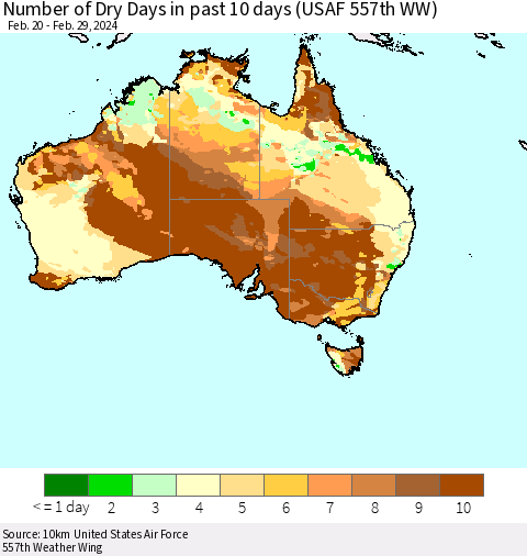 Australia Number of Dry Days in past 10 days (USAF 557th WW) Thematic Map For 2/26/2024 - 2/29/2024