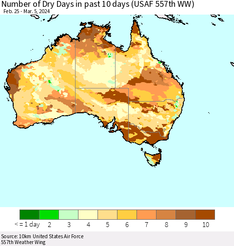 Australia Number of Dry Days in past 10 days (USAF 557th WW) Thematic Map For 3/1/2024 - 3/5/2024