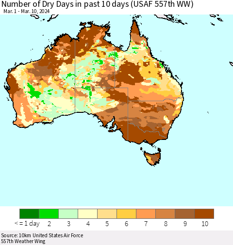 Australia Number of Dry Days in past 10 days (USAF 557th WW) Thematic Map For 3/6/2024 - 3/10/2024
