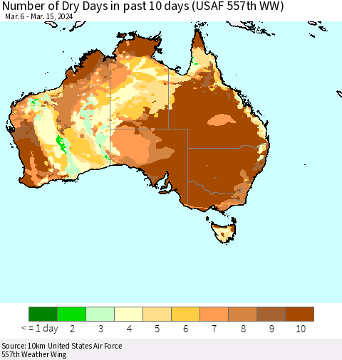 Australia Number of Dry Days in past 10 days (USAF 557th WW) Thematic Map For 3/11/2024 - 3/15/2024