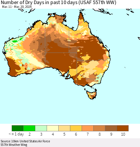Australia Number of Dry Days in past 10 days (USAF 557th WW) Thematic Map For 3/16/2024 - 3/20/2024
