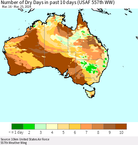 Australia Number of Dry Days in past 10 days (USAF 557th WW) Thematic Map For 3/21/2024 - 3/25/2024