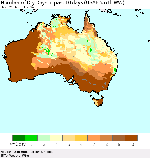 Australia Number of Dry Days in past 10 days (USAF 557th WW) Thematic Map For 3/26/2024 - 3/31/2024