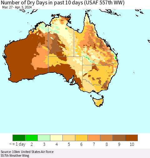 Australia Number of Dry Days in past 10 days (USAF 557th WW) Thematic Map For 4/1/2024 - 4/5/2024
