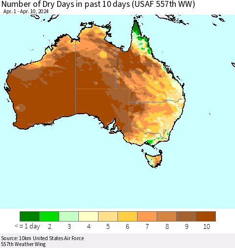 Australia Number of Dry Days in past 10 days (USAF 557th WW) Thematic Map For 4/6/2024 - 4/10/2024