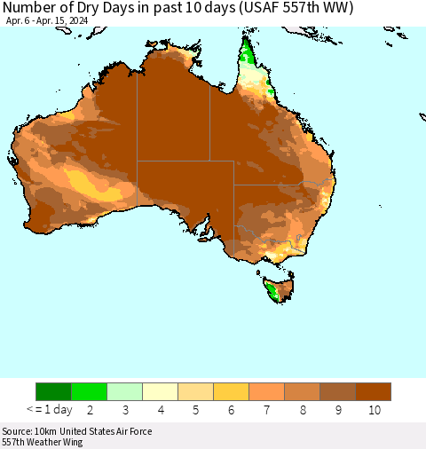 Australia Number of Dry Days in past 10 days (USAF 557th WW) Thematic Map For 4/11/2024 - 4/15/2024