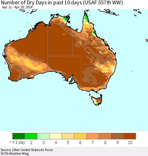 Australia Number of Dry Days in past 10 days (USAF 557th WW) Thematic Map For 4/16/2024 - 4/20/2024
