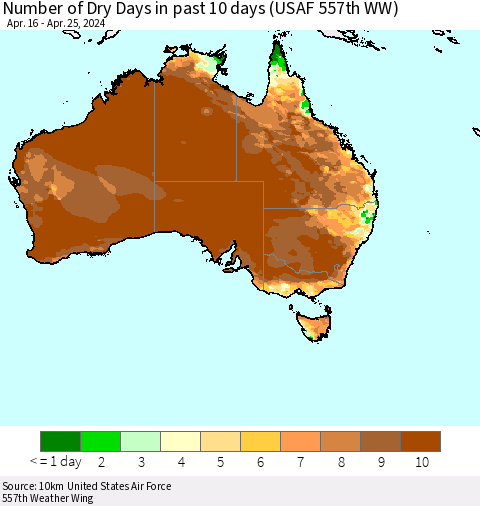 Australia Number of Dry Days in past 10 days (USAF 557th WW) Thematic Map For 4/21/2024 - 4/25/2024