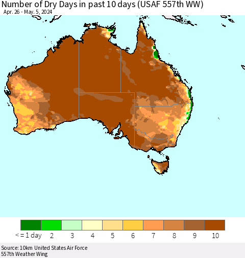 Australia Number of Dry Days in past 10 days (USAF 557th WW) Thematic Map For 5/1/2024 - 5/5/2024