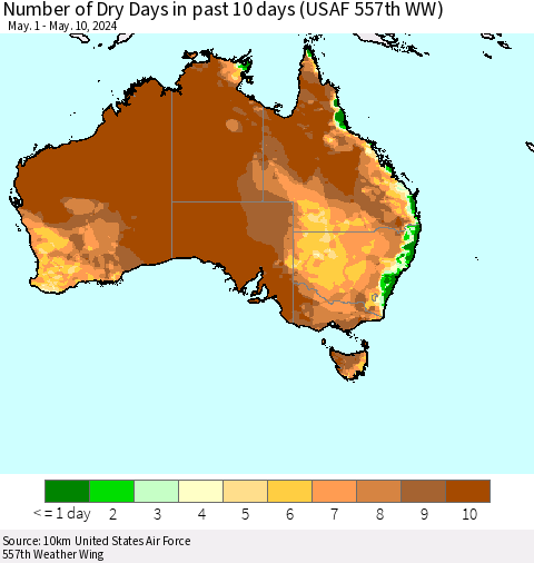 Australia Number of Dry Days in past 10 days (USAF 557th WW) Thematic Map For 5/6/2024 - 5/10/2024
