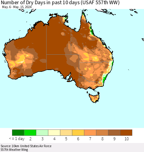 Australia Number of Dry Days in past 10 days (USAF 557th WW) Thematic Map For 5/11/2024 - 5/15/2024