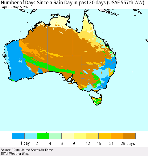 Australia Number of Days Since a Rain Day in past 30 days (USAF 557th WW) Thematic Map For 5/1/2021 - 5/5/2021