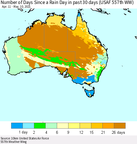 Australia Number of Days Since a Rain Day in past 30 days (USAF 557th WW) Thematic Map For 5/6/2021 - 5/10/2021