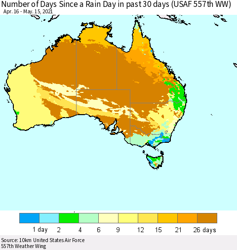 Australia Number of Days Since a Rain Day in past 30 days (USAF 557th WW) Thematic Map For 5/11/2021 - 5/15/2021