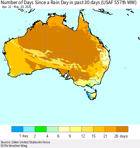 Australia Number of Days Since a Rain Day in past 30 days (USAF 557th WW) Thematic Map For 5/16/2021 - 5/20/2021