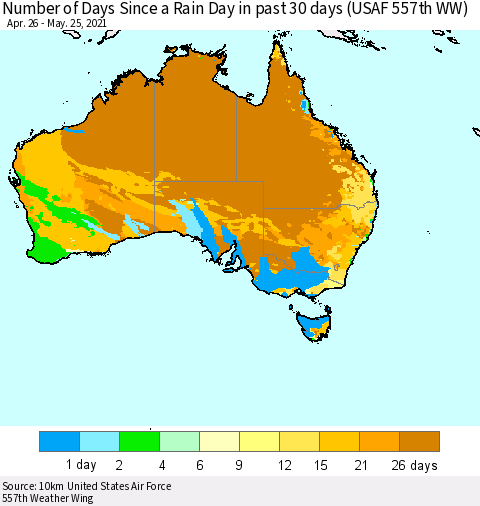 Australia Number of Days Since a Rain Day in past 30 days (USAF 557th WW) Thematic Map For 5/21/2021 - 5/25/2021