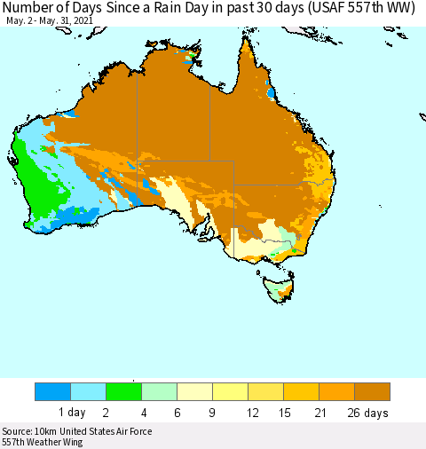 Australia Number of Days Since a Rain Day in past 30 days (USAF 557th WW) Thematic Map For 5/26/2021 - 5/31/2021