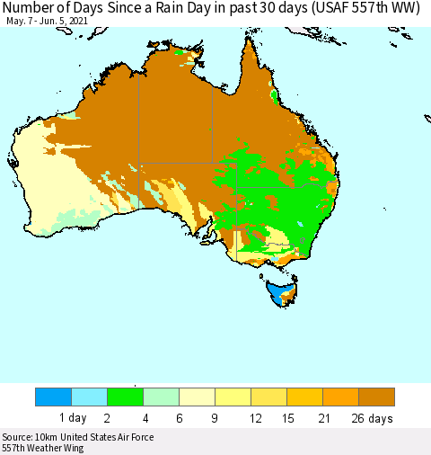 Australia Number of Days Since a Rain Day in past 30 days (USAF 557th WW) Thematic Map For 6/1/2021 - 6/5/2021