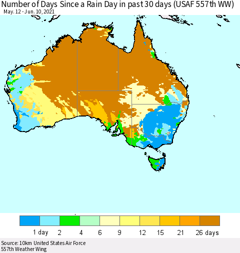 Australia Number of Days Since a Rain Day in past 30 days (USAF 557th WW) Thematic Map For 6/6/2021 - 6/10/2021