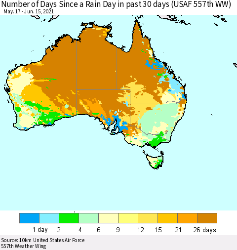 Australia Number of Days Since a Rain Day in past 30 days (USAF 557th WW) Thematic Map For 6/11/2021 - 6/15/2021