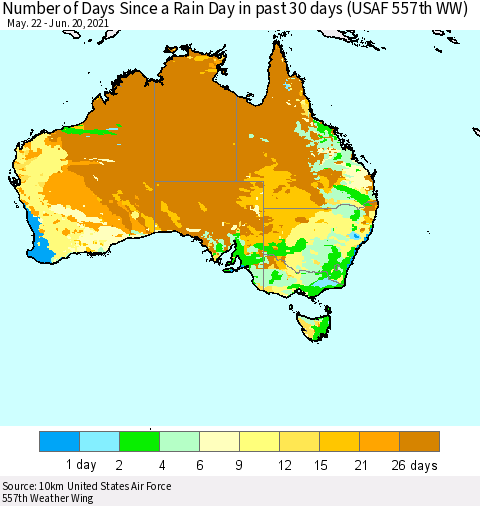 Australia Number of Days Since a Rain Day in past 30 days (USAF 557th WW) Thematic Map For 6/16/2021 - 6/20/2021