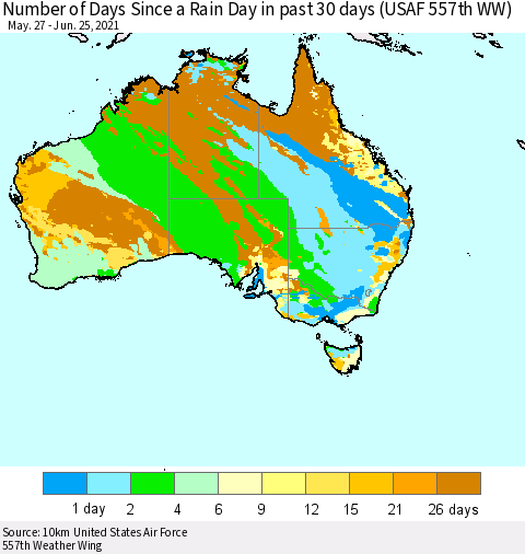 Australia Number of Days Since a Rain Day in past 30 days (USAF 557th WW) Thematic Map For 6/21/2021 - 6/25/2021