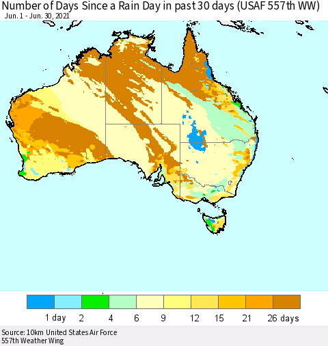 Australia Number of Days Since a Rain Day in past 30 days (USAF 557th WW) Thematic Map For 6/26/2021 - 6/30/2021
