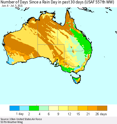Australia Number of Days Since a Rain Day in past 30 days (USAF 557th WW) Thematic Map For 7/1/2021 - 7/5/2021