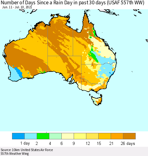 Australia Number of Days Since a Rain Day in past 30 days (USAF 557th WW) Thematic Map For 7/6/2021 - 7/10/2021