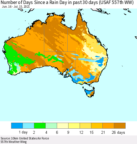 Australia Number of Days Since a Rain Day in past 30 days (USAF 557th WW) Thematic Map For 7/11/2021 - 7/15/2021
