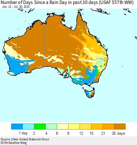Australia Number of Days Since a Rain Day in past 30 days (USAF 557th WW) Thematic Map For 7/16/2021 - 7/20/2021