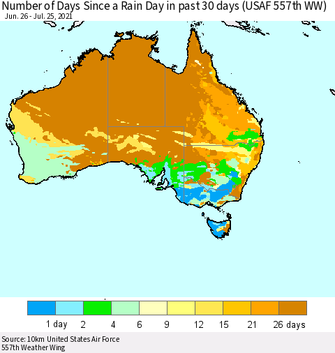 Australia Number of Days Since a Rain Day in past 30 days (USAF 557th WW) Thematic Map For 7/21/2021 - 7/25/2021